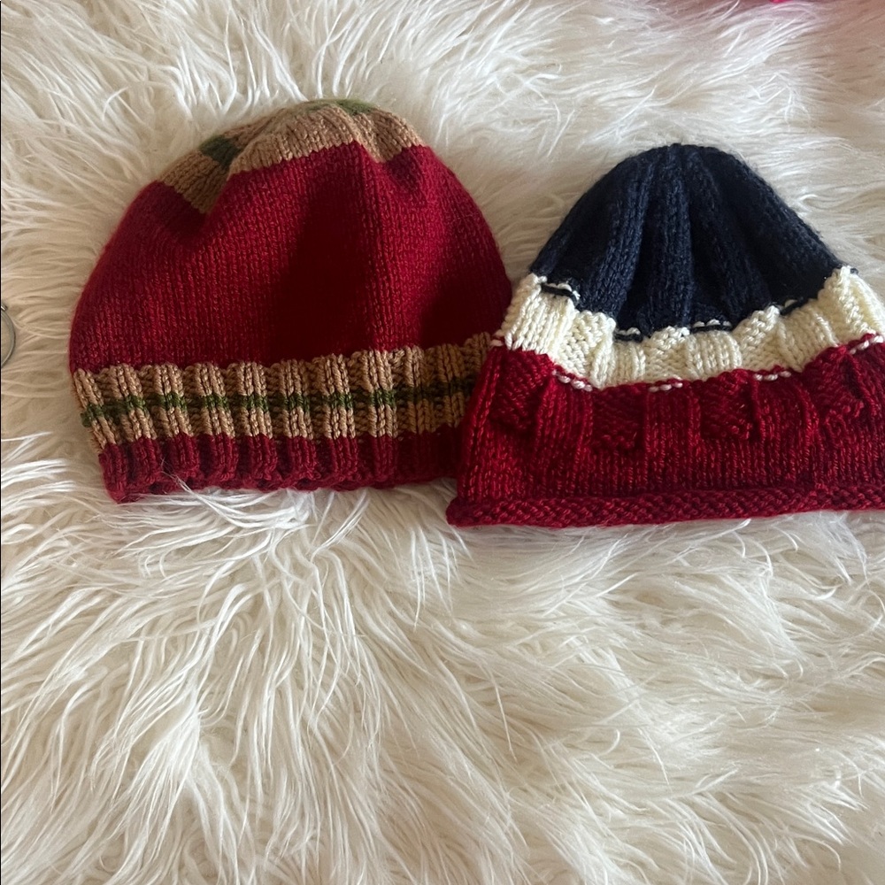 Cozy Kids Knit Beanie Set - Red and Navy